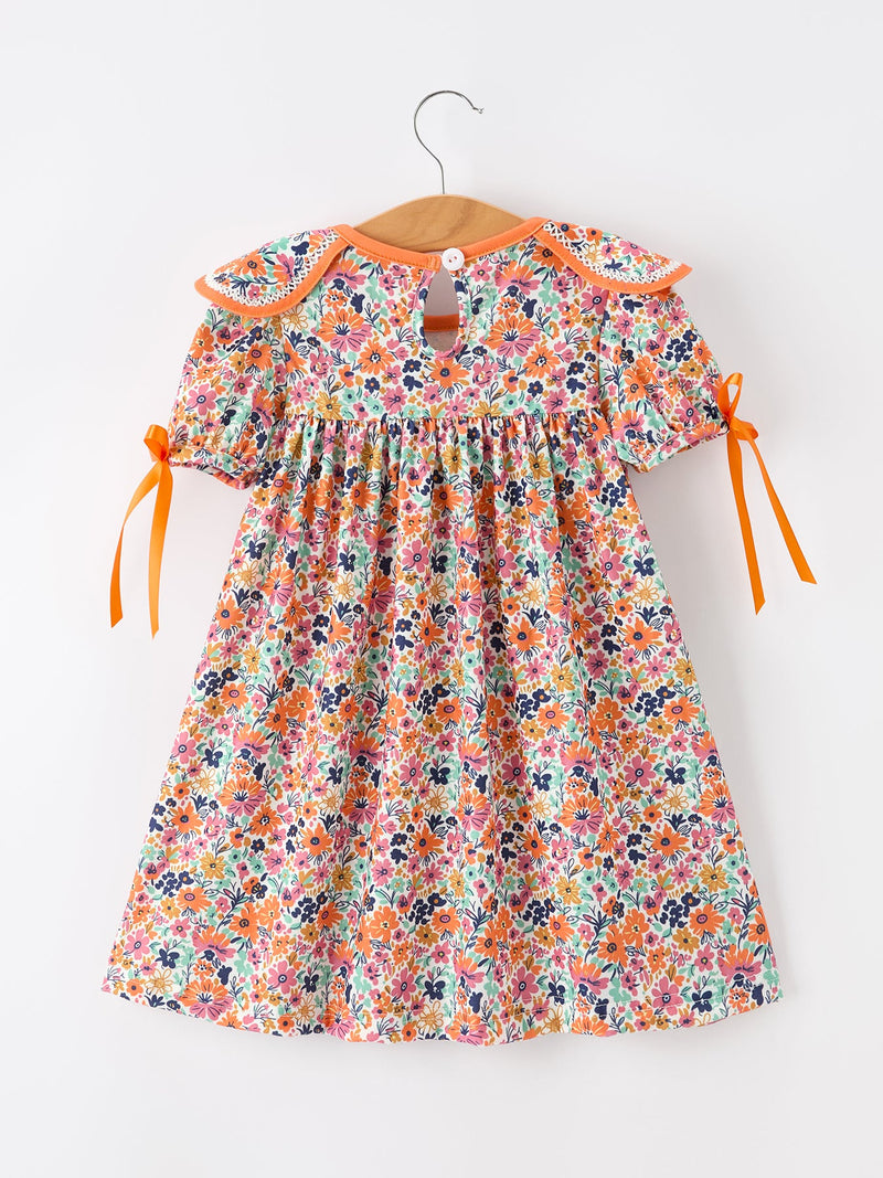 Orange Floral Bow Petals Collar Girls Dress - 2