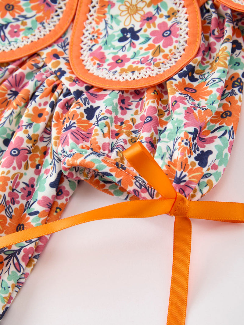 Orange Floral Bow Petals Collar Girls Dress - 5