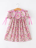 Pink Floral Bow Petals Collar Girls Dress - 1