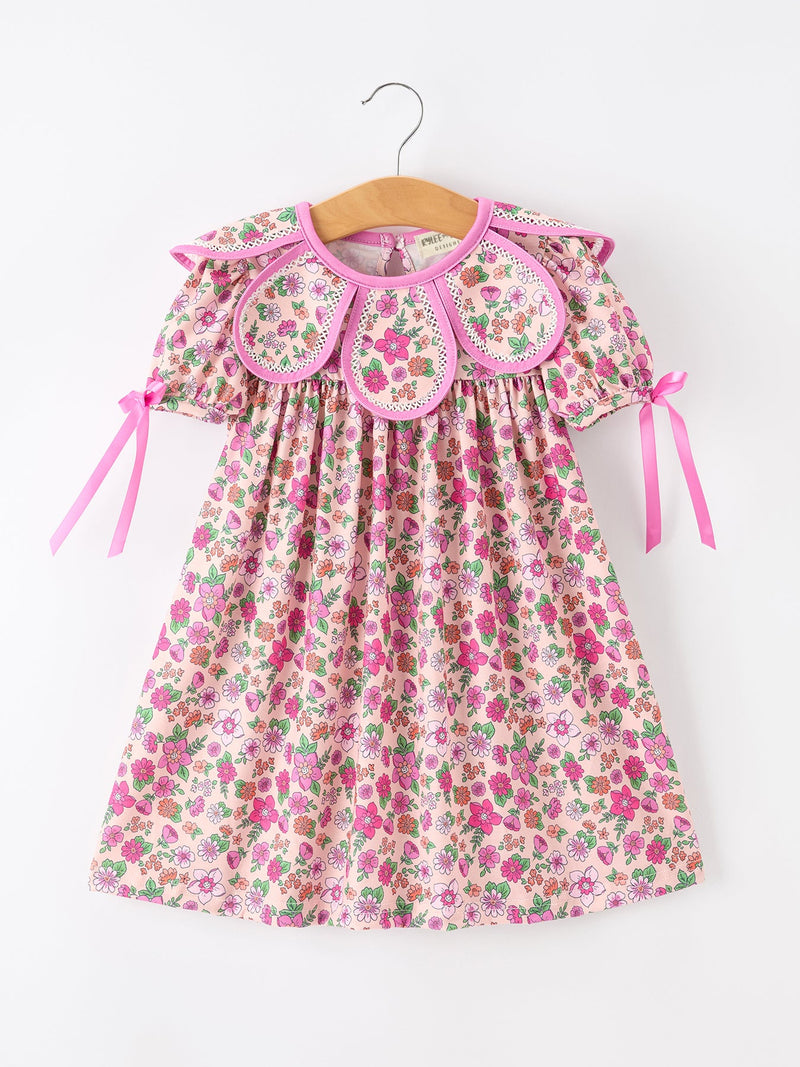 Pink Floral Bow Petals Collar Girls Dress - 1