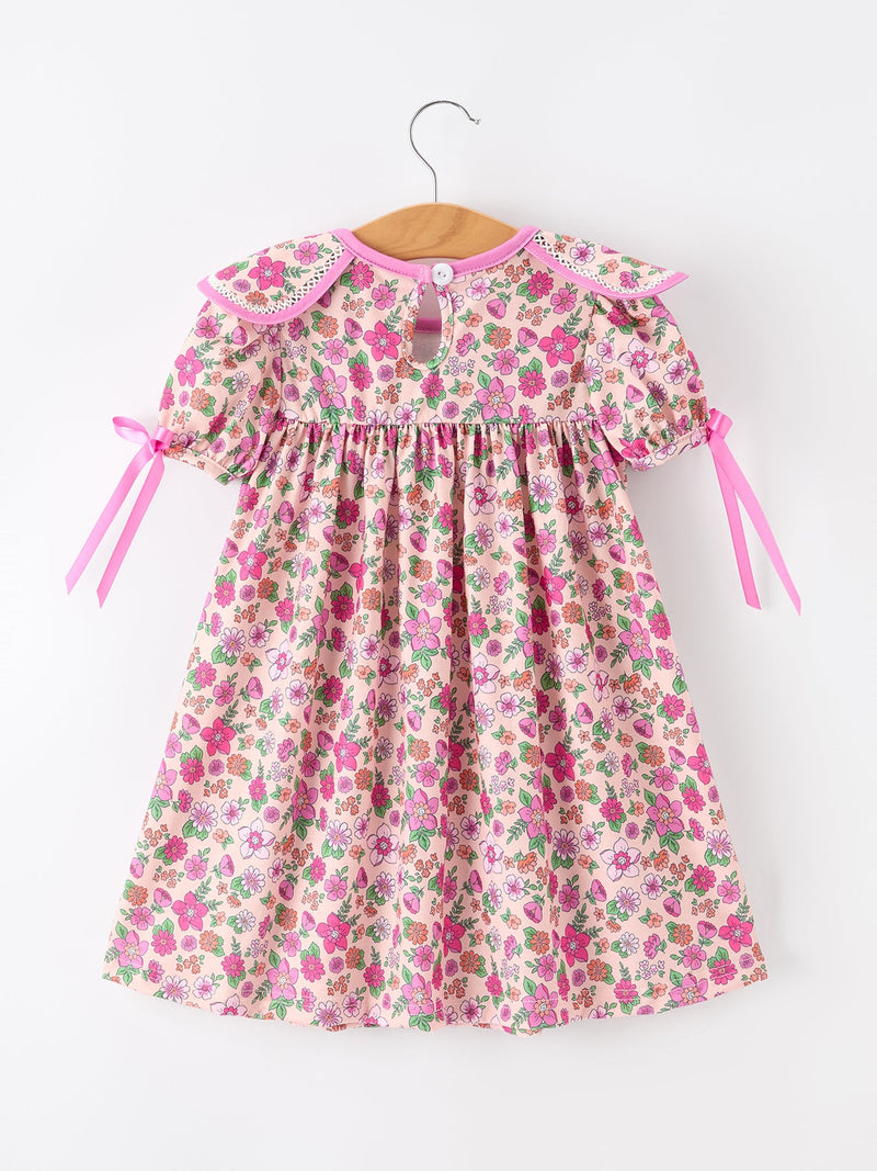 Pink Floral Bow Petals Collar Girls Dress - 2