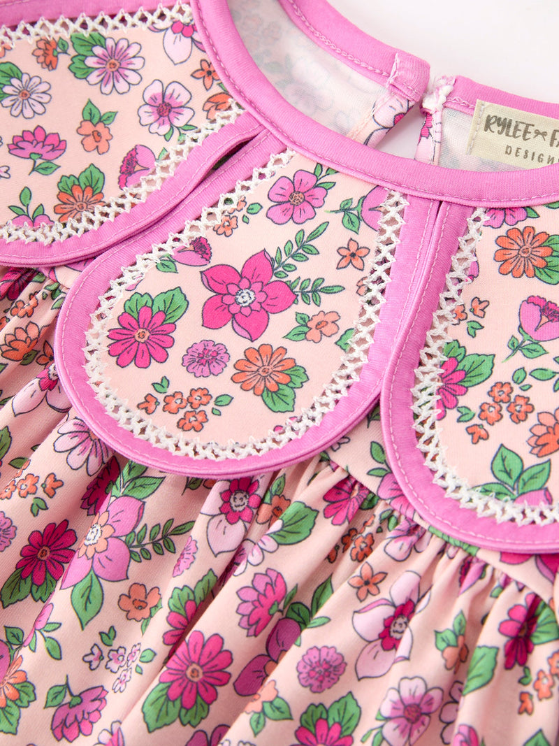 Pink Floral Bow Petals Collar Girls Dress - 5