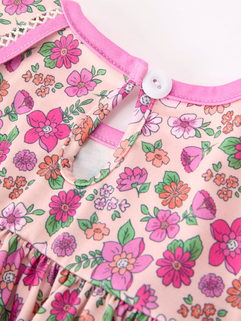 Pink Floral Bow Petals Collar Girls Dress - 4