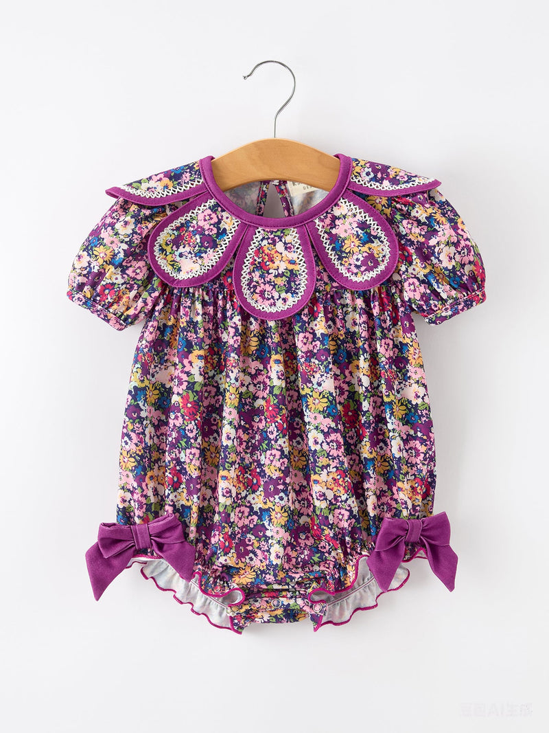 Purple Floral Bow Petals Collar Girls Romper - 4