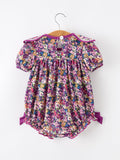 Purple Floral Bow Petals Collar Girls Romper - 5