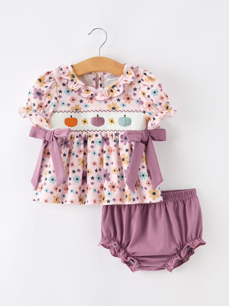 Halloween Thanksgiving Pumpkin Floral Bow Bloomer Set - 1