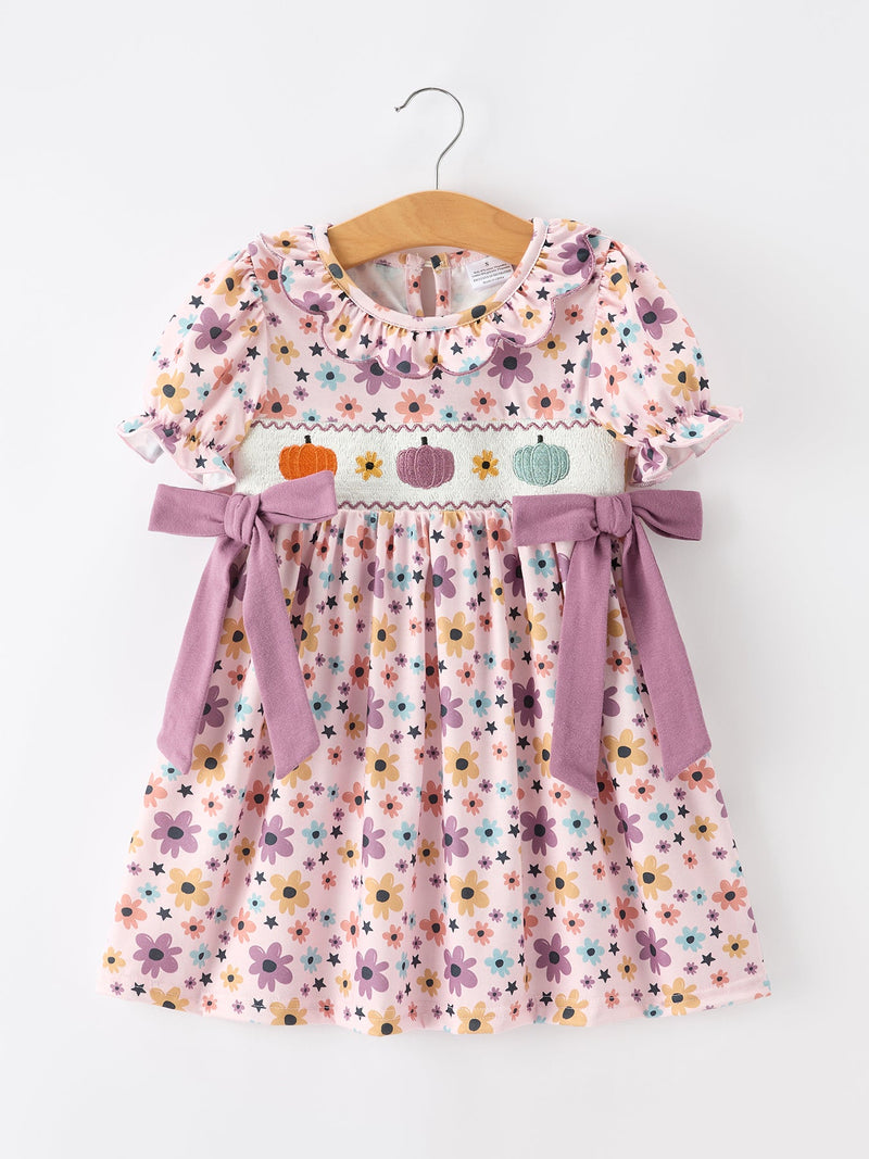 Halloween Thanksgiving Pumpkin Floral Bow Girls Dress - 1