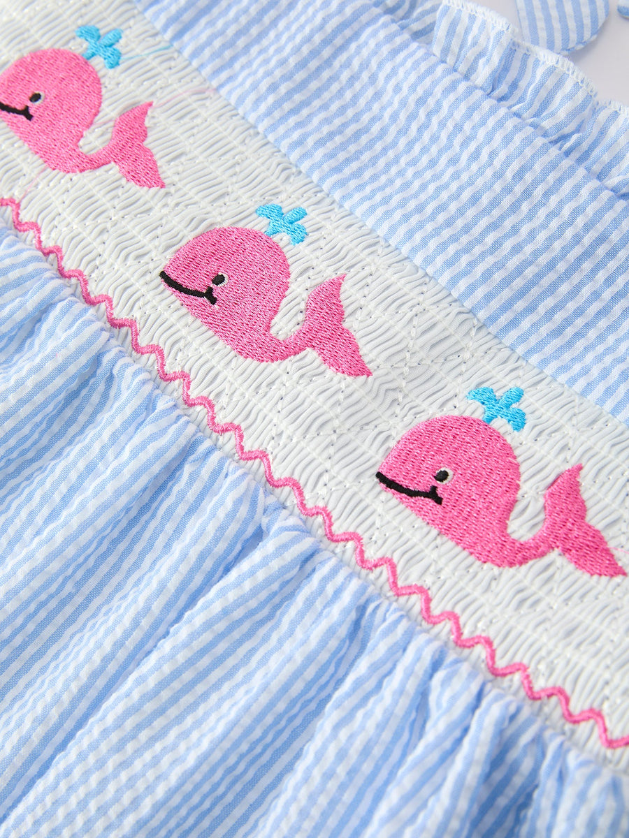 Whale Embroidered Smocked Seersucker Girls Dress