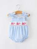 Whale Embroidered Smocked Seersucker Baby Romper - 4