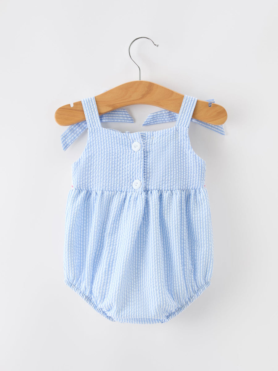 Whale Embroidered Smocked Seersucker Baby Romper