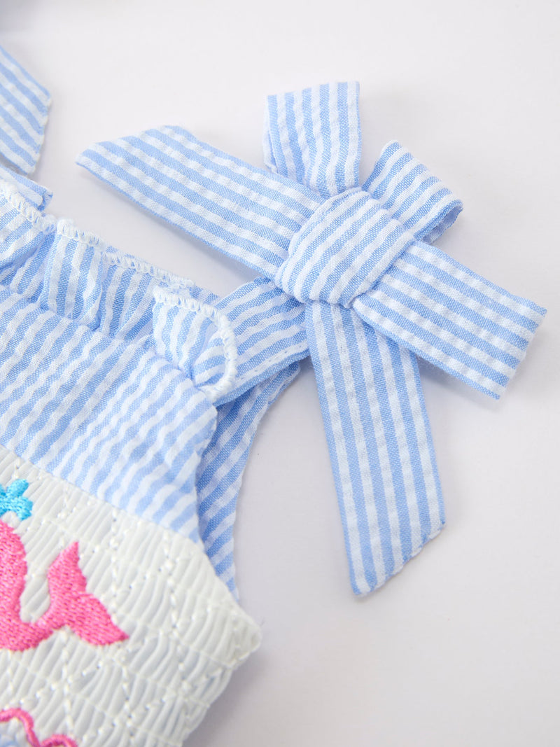 Whale Embroidered Smocked Seersucker Baby Romper - 6