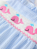 Whale Embroidered Smocked Seersucker Baby Romper - 7