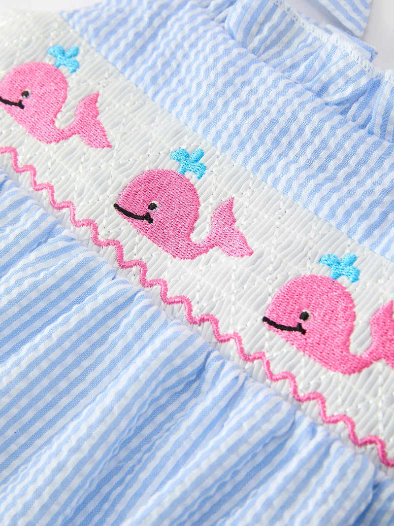 Whale Embroidered Smocked Seersucker Baby Romper - 7