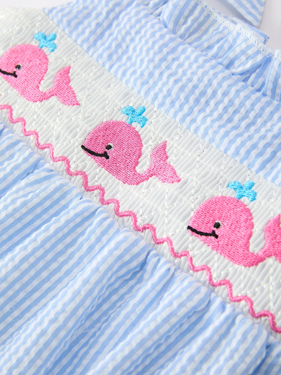 Whale Embroidered Smocked Seersucker Baby Romper