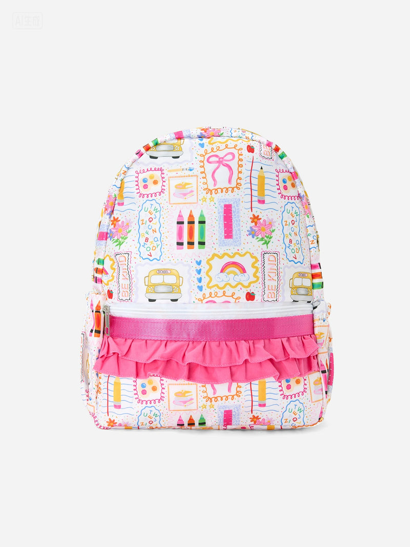 Back to School Print Girls Backpack Ruffle Bag - 1