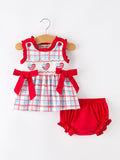 4th of July Plaid Bow Girls Set Smocked Puff Sleeve Top Bloomer - 1