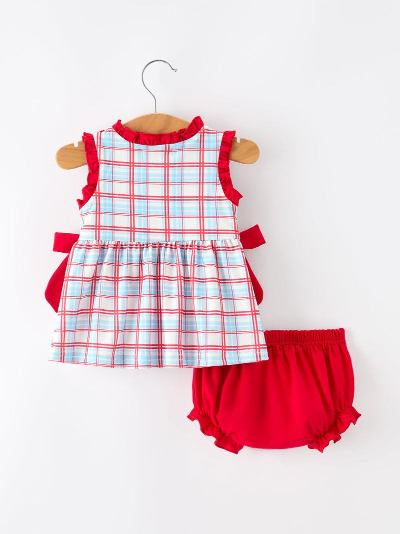 4th of July Plaid Bow Girls Set Smocked Puff Sleeve Top Bloomer - 2