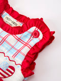 4th of July Plaid Bow Girls Set Smocked Puff Sleeve Top Bloomer - 3
