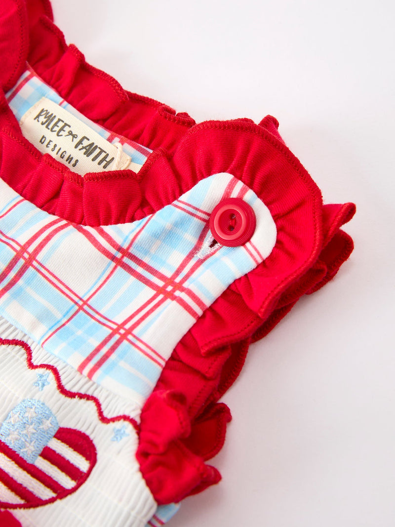 4th of July Plaid Bow Girls Set Smocked Puff Sleeve Top Bloomer - 3