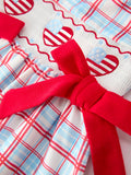 4th of July Plaid Bow Girls Set Smocked Puff Sleeve Top Bloomer - 4