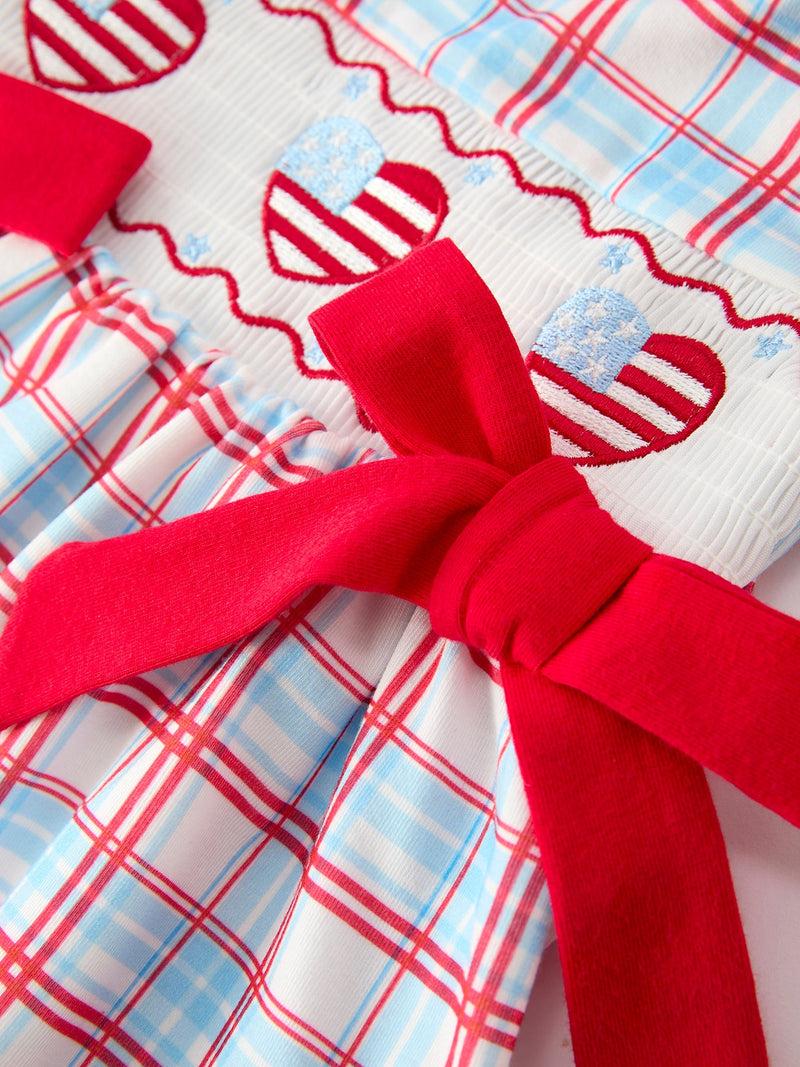 4th of July Plaid Bow Girls Set Smocked Puff Sleeve Top Bloomer - 4