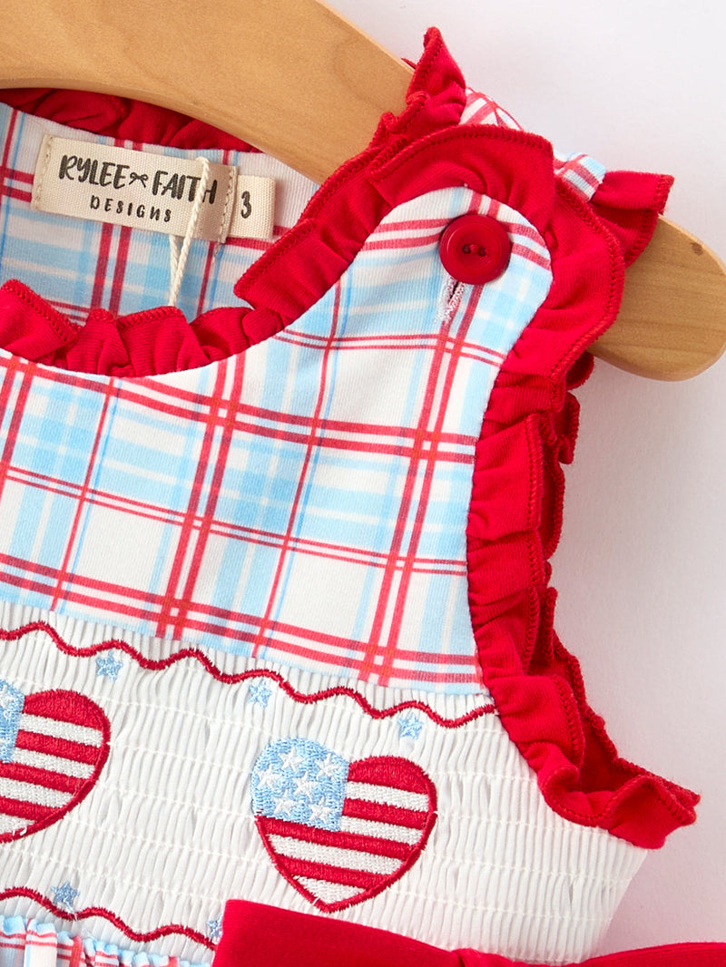 4th of July Plaid Flag Heart Girl Dress With Bow - 5