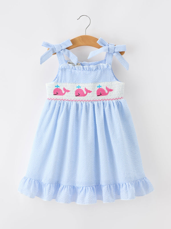 Whale Embroidered Smocked Seersucker Girls Dress
