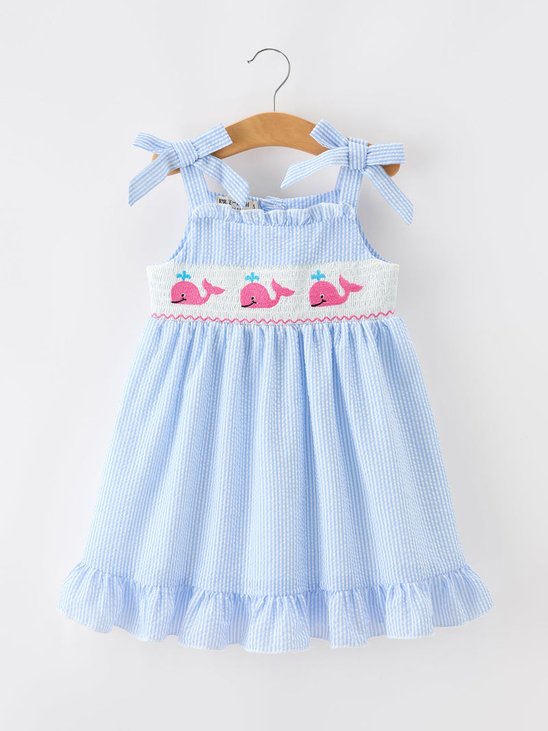 Whale Embroidered Smocked Seersucker Girls Dress - 1