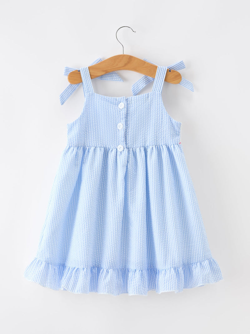 Whale Embroidered Smocked Seersucker Girls Dress - 2