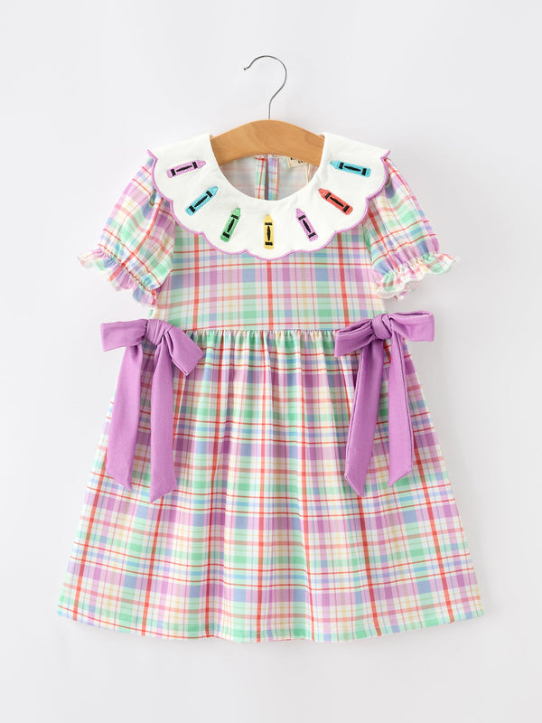 Back To School Plaid Crayon Embroidery Girls Dress Bow Puff Sleeve