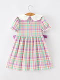 Back To School Plaid Crayon Embroidery Girls Dress Bow Puff Sleeve - 7