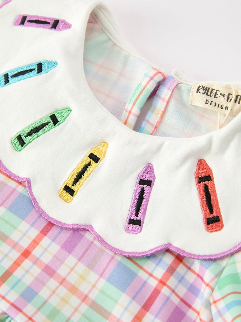 Back To School Plaid Crayon Embroidery Girls Dress Bow Puff Sleeve - 8