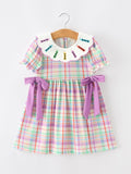 Back To School Plaid Crayon Embroidery Girls Dress Bow Puff Sleeve - 1