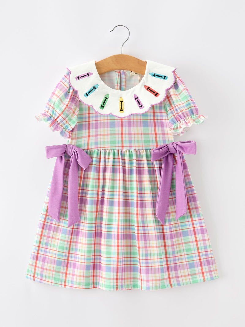 Back To School Plaid Crayon Embroidery Girls Dress Bow Puff Sleeve - 1