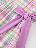 Back To School Plaid Crayon Embroidery Girls Dress Bow Puff Sleeve - 9