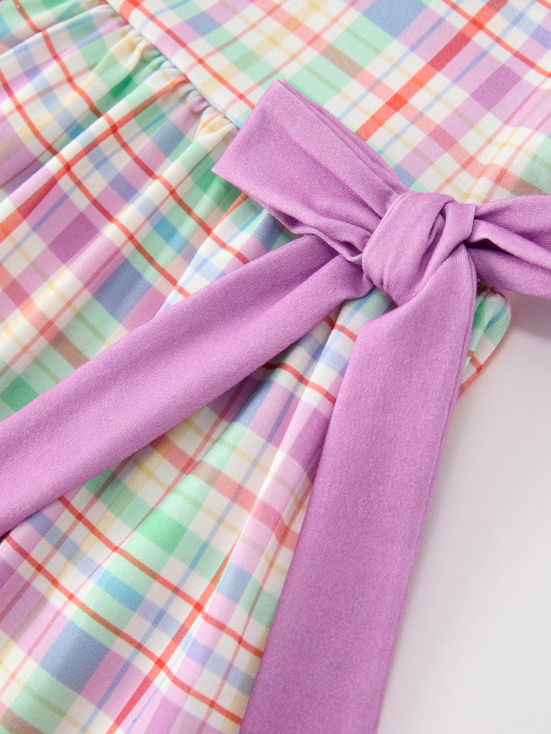 Back To School Plaid Crayon Embroidery Girls Dress Bow Puff Sleeve - 9
