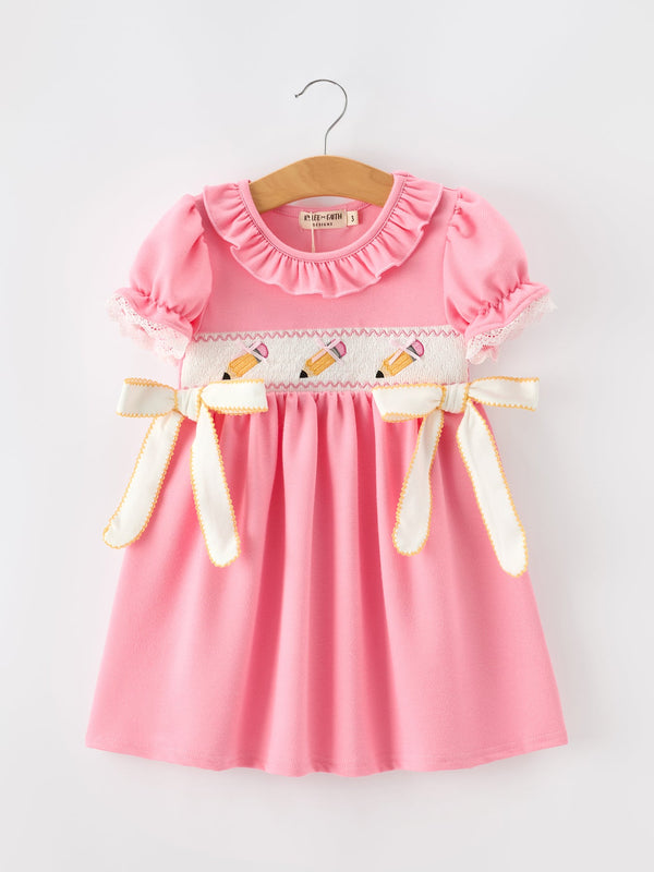 Pink Pencil Embroidered Puff sleeved Back To School Girls Dress