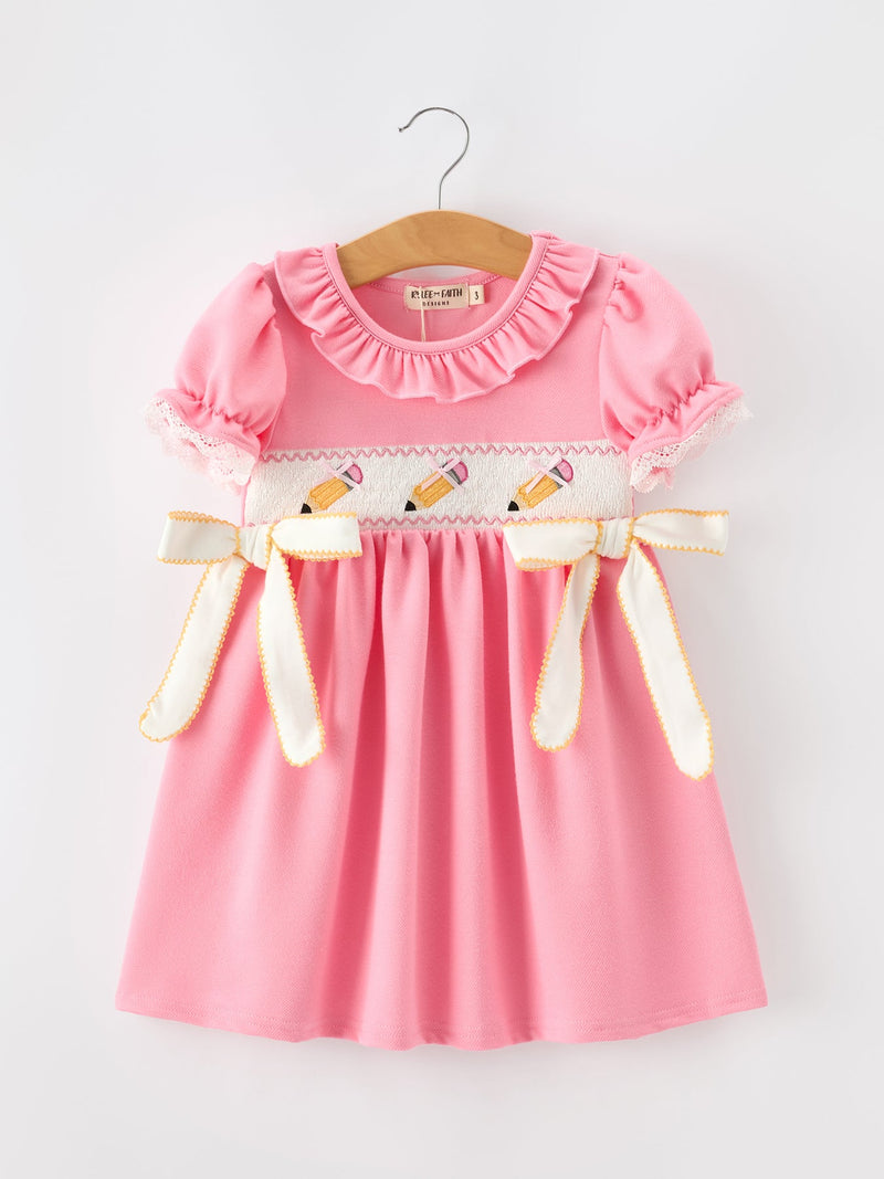 Pink Pencil Embroidered Puff sleeved Back To School Girls Dress - 1
