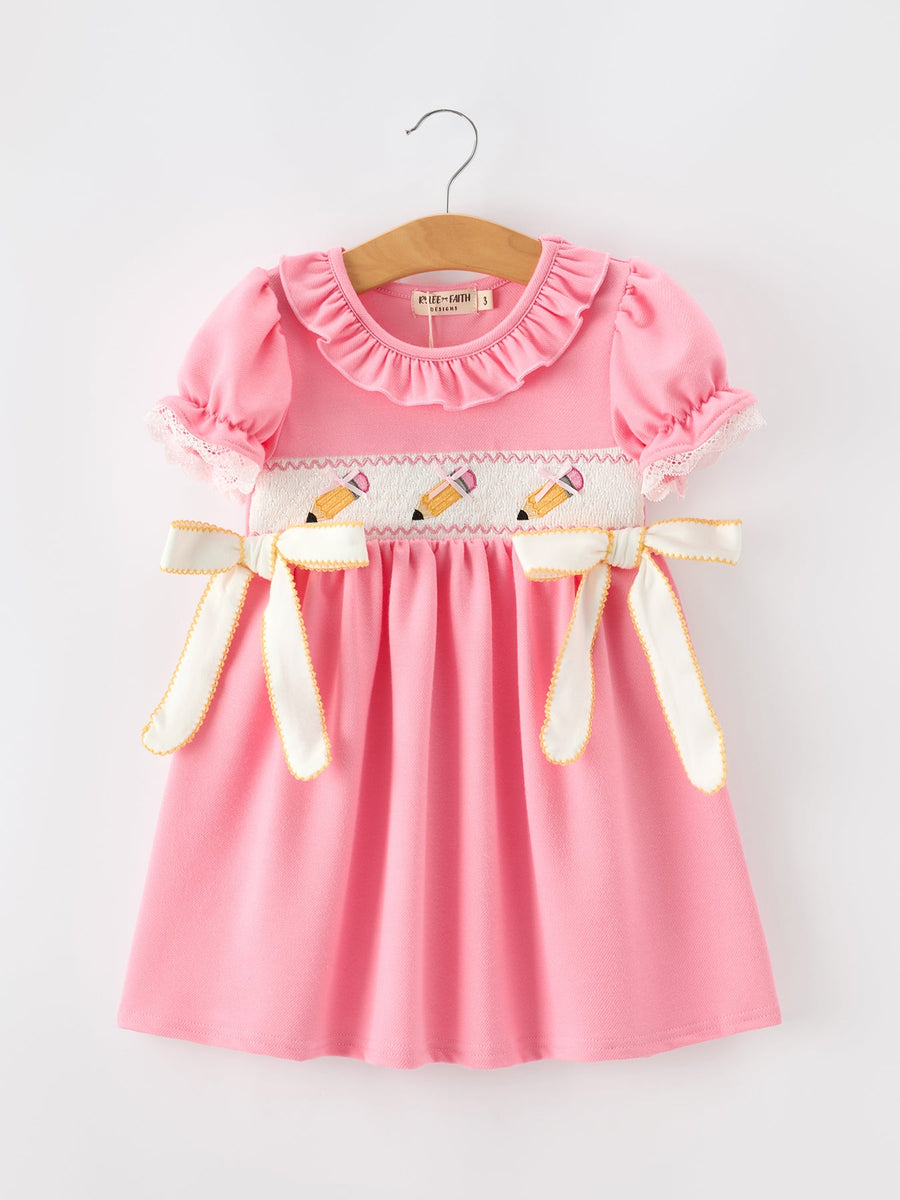 Pink Pencil Embroidered Puff sleeved Back To School Girls Dress