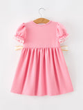 Pink Pencil Embroidered Puff sleeved Back To School Girls Dress - 2
