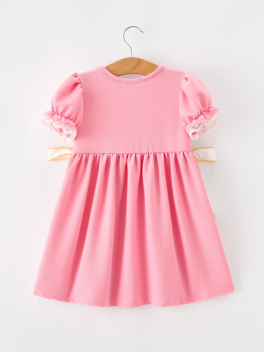 Pink Pencil Embroidered Puff sleeved Back To School Girls Dress