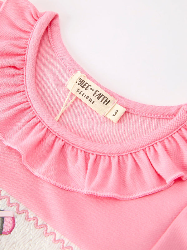 Pink Pencil Embroidered Puff sleeved Back To School Girls Dress