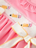 Pink Pencil Embroidered Puff sleeved Back To School Girls Dress - 4