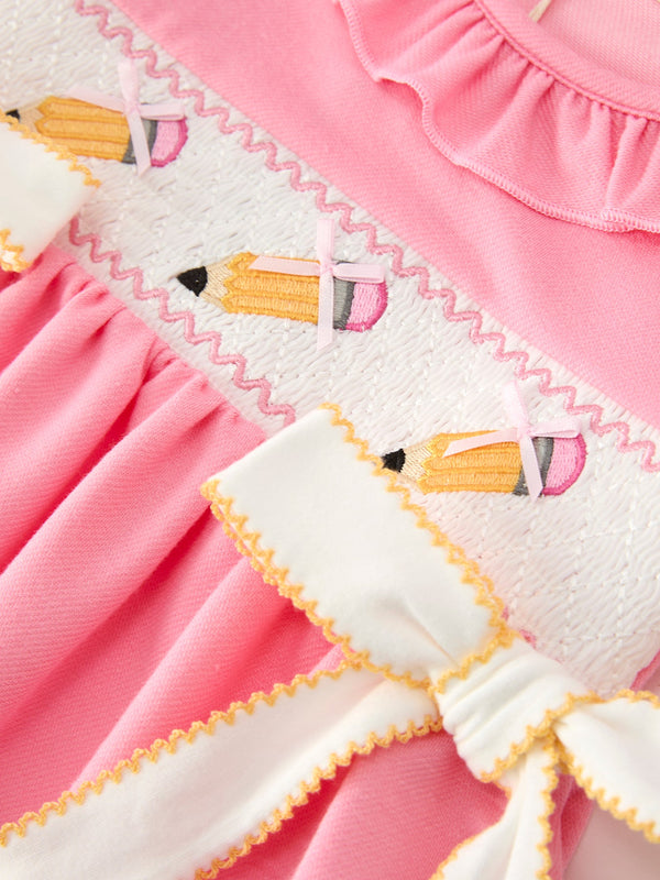 Pink Pencil Embroidered Puff sleeved Back To School Girls Dress
