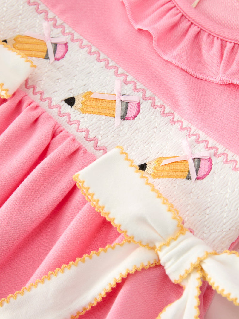 Pink Pencil Embroidered Puff sleeved Back To School Girls Dress - 4