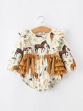 Western Horse Girls Romper Bow Ruffle Long Sleeve - 6