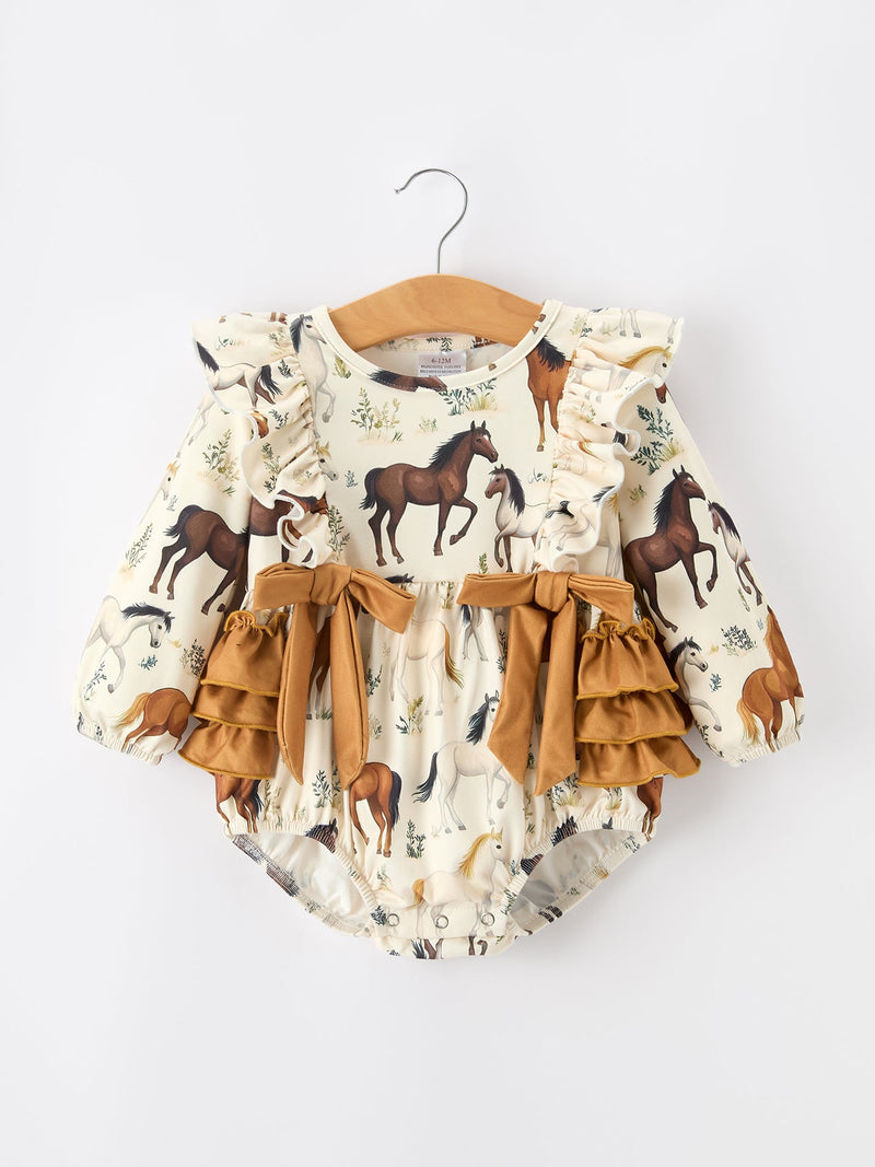 Western Horse Girls Romper Bow Ruffle Long Sleeve - 6