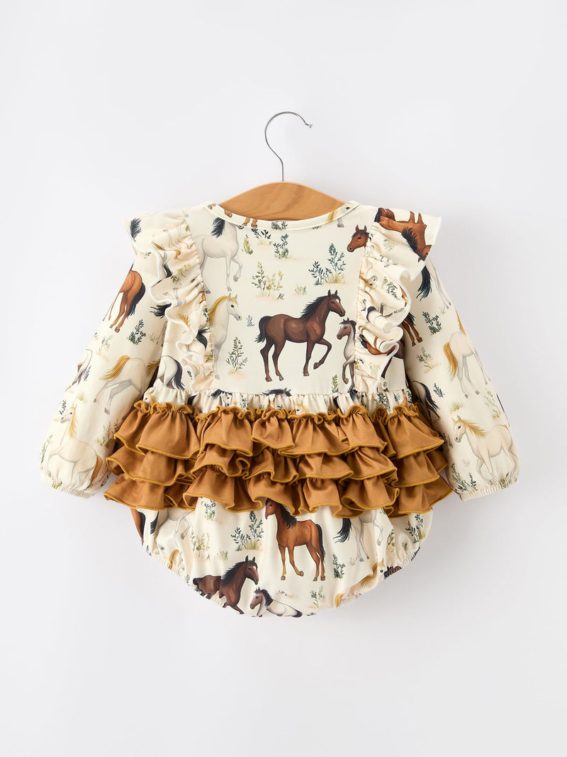 Western Horse Girls Romper Bow Ruffle Long Sleeve - 7