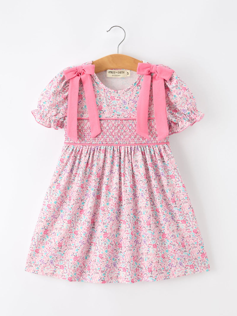 Pink Bow Smocked Floral Girl Dress - 1