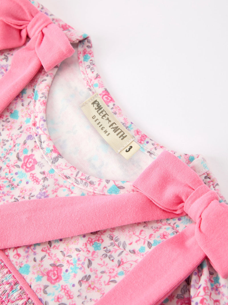Pink Bow Smocked Floral Girl Dress - 5